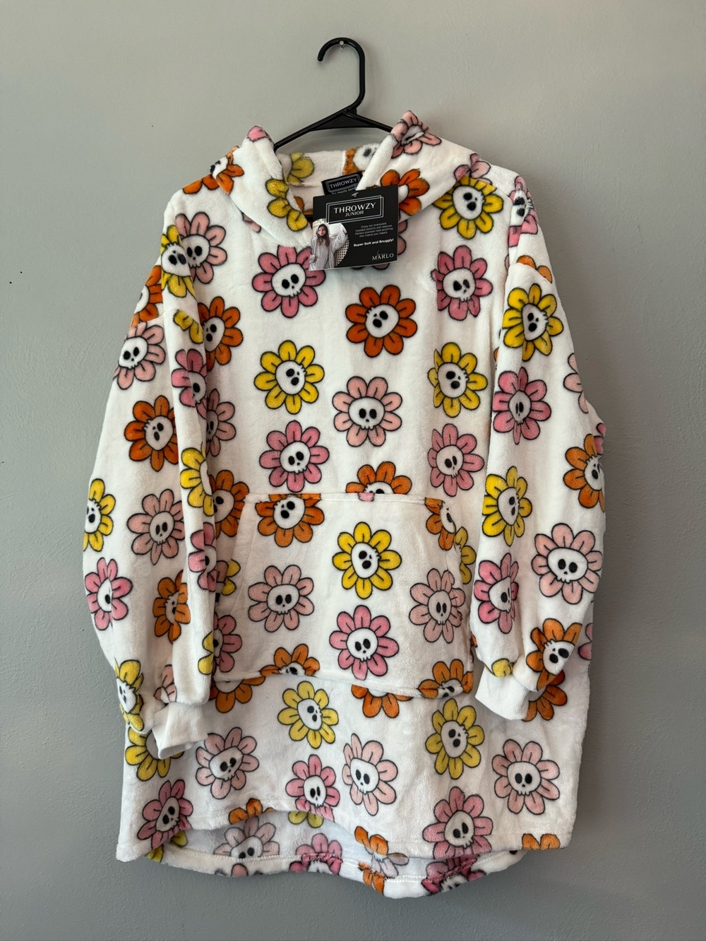 Kids Plush Hooded Pullover in White with Floral Print